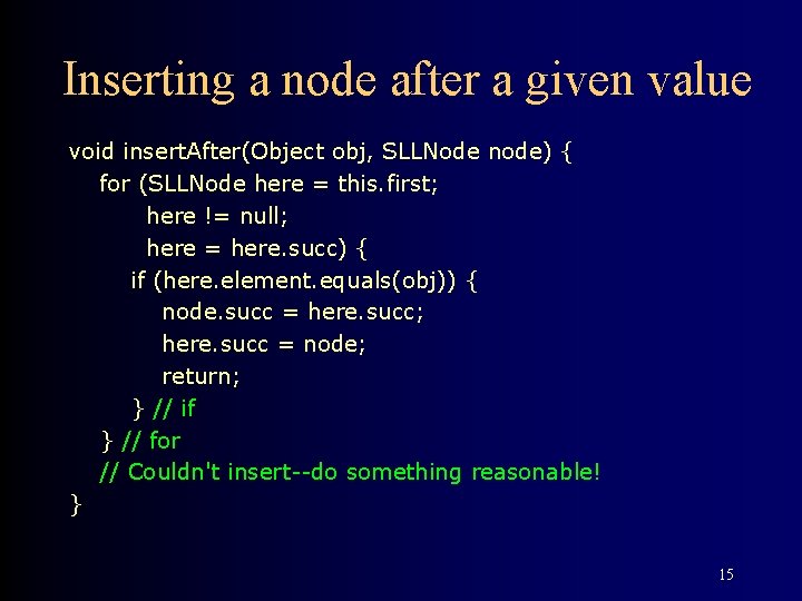 Inserting a node after a given value void insert. After(Object obj, SLLNode node) {