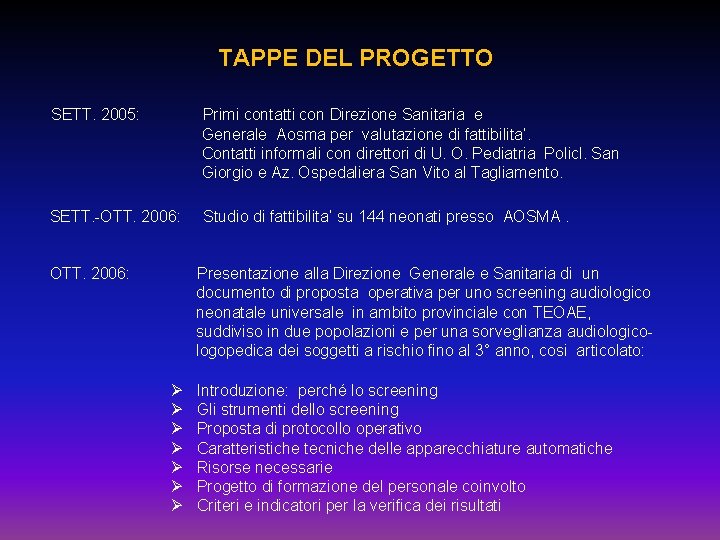 TAPPE DEL PROGETTO SETT. 2005: Primi contatti con Direzione Sanitaria e Generale Aosma per