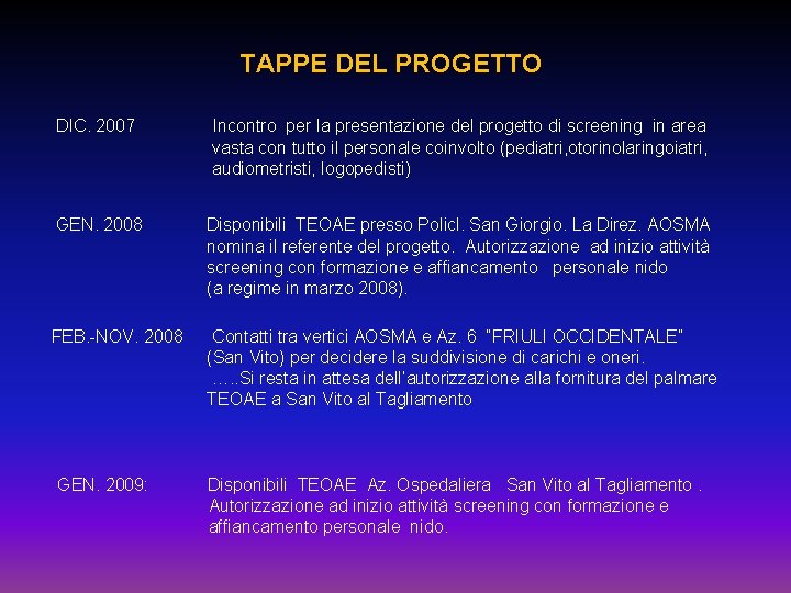 TAPPE DEL PROGETTO DIC. 2007 Incontro per la presentazione del progetto di screening in