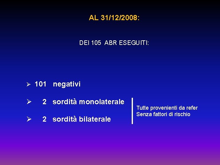 AL 31/12/2008: DEI 105 ABR ESEGUITI: Ø 101 negativi Ø 2 sordità monolaterale Ø