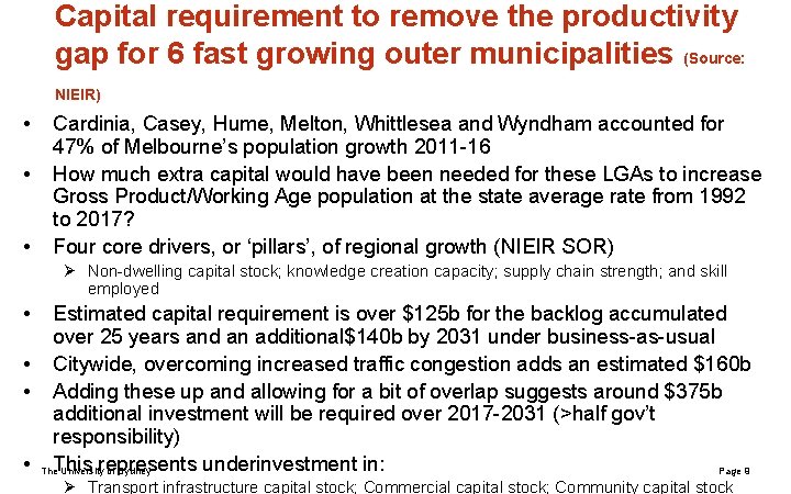 Capital requirement to remove the productivity gap for 6 fast growing outer municipalities (Source: