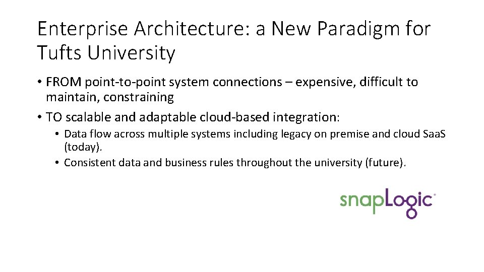 Enterprise Architecture: a New Paradigm for Tufts University • FROM point-to-point system connections –