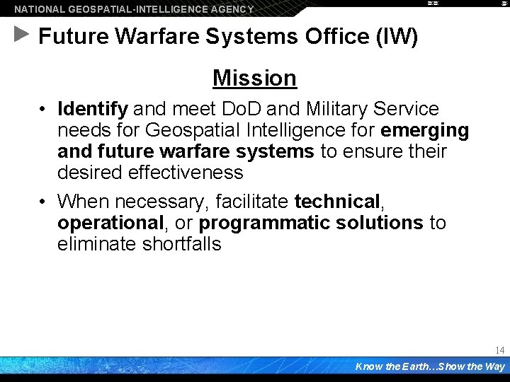 NATIONAL GEOSPATIAL-INTELLIGENCE AGENCY Future Warfare Systems Office (IW) Mission • Identify and meet Do.