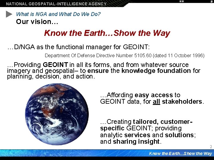 NATIONAL GEOSPATIAL-INTELLIGENCE AGENCY What is NGA and What Do We Do? Our vision… Know