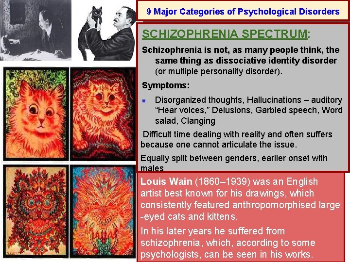9 Major Categories of Psychological Disorders SCHIZOPHRENIA SPECTRUM: Schizophrenia is not, as many people