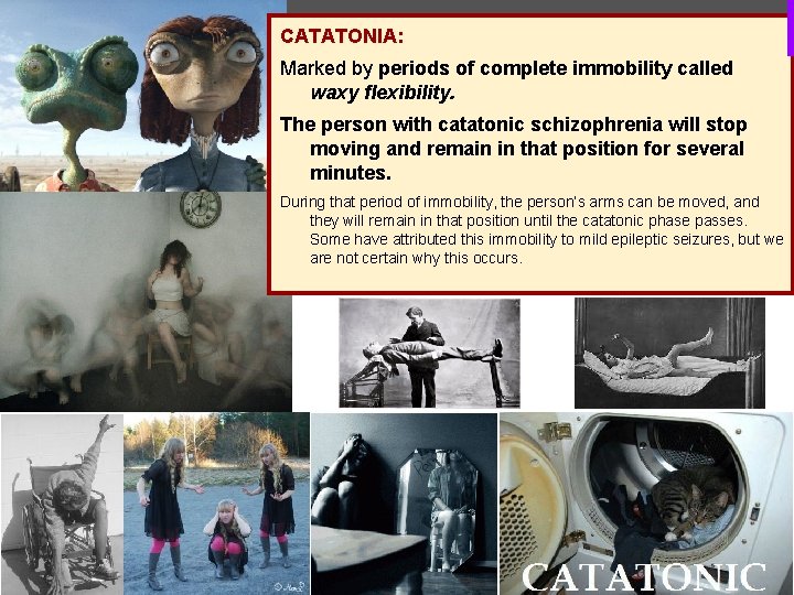 CATATONIA: Marked by periods of complete immobility called waxy flexibility. The person with catatonic