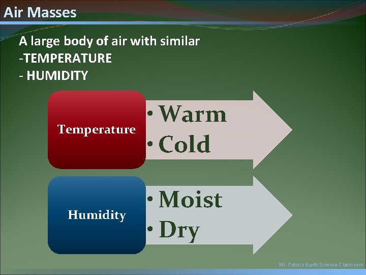 Air Masses A large body of air with similar -TEMPERATURE - HUMIDITY Temperature •