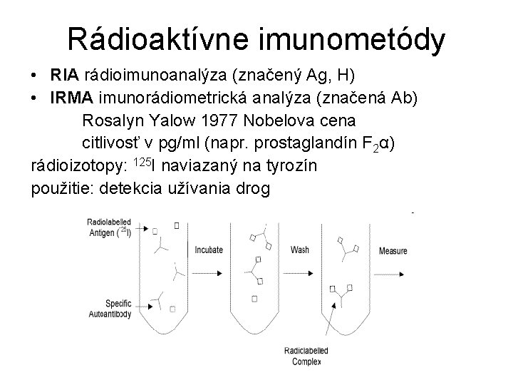 Rádioaktívne imunometódy • RIA rádioimunoanalýza (značený Ag, H) • IRMA imunorádiometrická analýza (značená Ab)