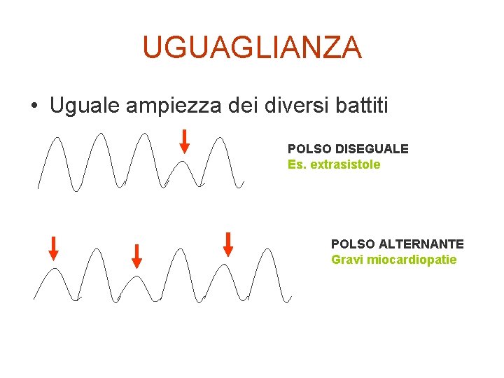 UGUAGLIANZA • Uguale ampiezza dei diversi battiti POLSO DISEGUALE Es. extrasistole POLSO ALTERNANTE Gravi