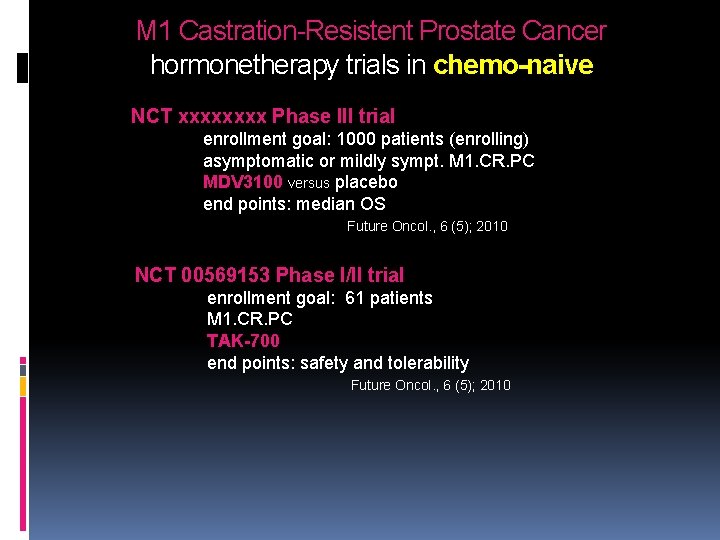 M 1 Castration-Resistent Prostate Cancer hormonetherapy trials in chemo-naive NCT xxxx Phase III trial M 1 Castration-Resistent Prostate Cancer hormonetherapy trials in chemo-naive NCT xxxx Phase III trial