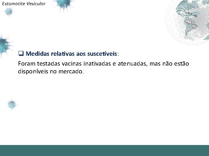 Estomatite Vesicular q Medidas relativas aos suscetíveis: Foram testadas vacinas inativadas e atenuadas, mas