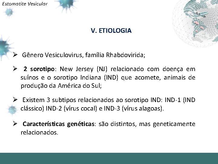 Estomatite Vesicular V. ETIOLOGIA Ø Gênero Vesiculovirus, família Rhabdovirida; Ø 2 sorotipo: New Jersey