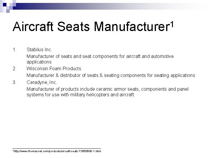 Aircraft Seats Manufacturer 1 1. 2. 3. Stabilus Inc. Manufacturer of seats and seat