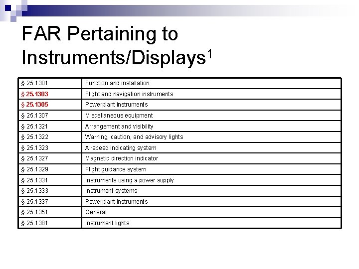 FAR Pertaining to Instruments/Displays 1 § 25. 1301 Function and installation § 25. 1303