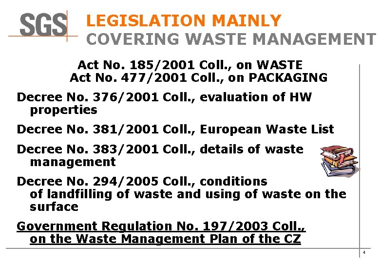 LEGISLATION MAINLY COVERING WASTE MANAGEMENT Act No. 185/2001 Coll. , on WASTE Act No.