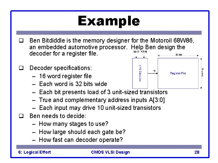 Example q Ben Bitdiddle is the memory designer for the Motoroil 68 W 86,