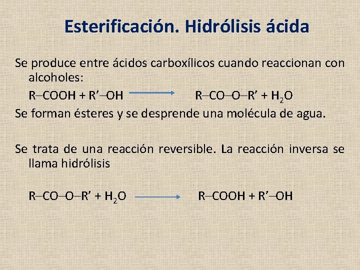 Esterificación. Hidrólisis ácida Se produce entre ácidos carboxílicos cuando reaccionan con alcoholes: R–COOH + Esterificación. Hidrólisis ácida Se produce entre ácidos carboxílicos cuando reaccionan con alcoholes: R–COOH +