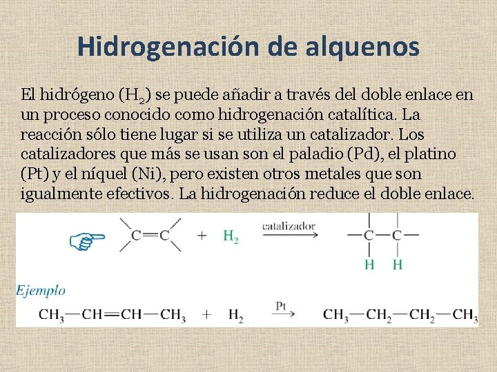 Hidrogenación de alquenos El hidrógeno (H 2) se puede añadir a través del doble Hidrogenación de alquenos El hidrógeno (H 2) se puede añadir a través del doble