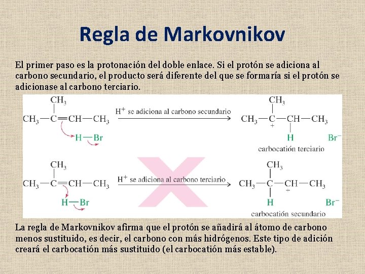 Regla de Markovnikov El primer paso es la protonación del doble enlace. Si el Regla de Markovnikov El primer paso es la protonación del doble enlace. Si el