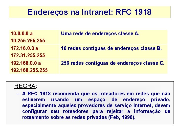 Endereços na Intranet: RFC 1918 10. 0 a 10. 255 Uma rede de endereços