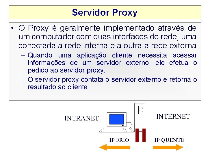 Servidor Proxy • O Proxy é geralmente implementado através de um computador com duas