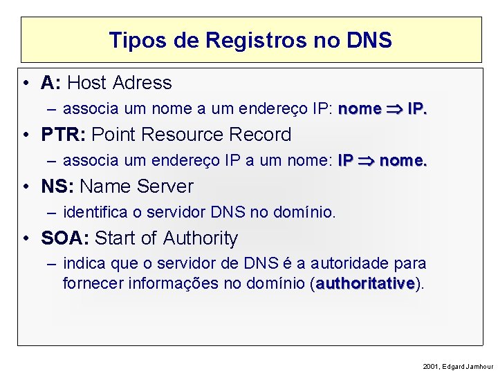 Tipos de Registros no DNS • A: Host Adress – associa um nome a