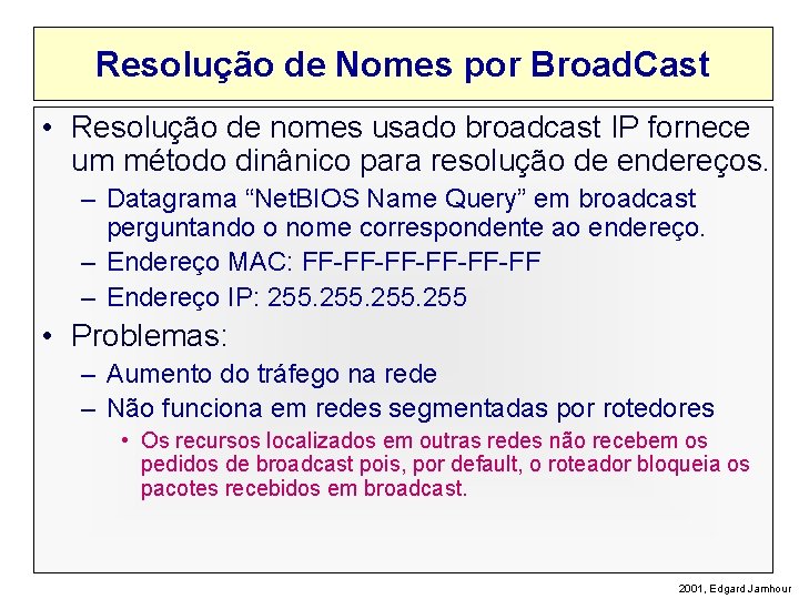 Resolução de Nomes por Broad. Cast • Resolução de nomes usado broadcast IP fornece