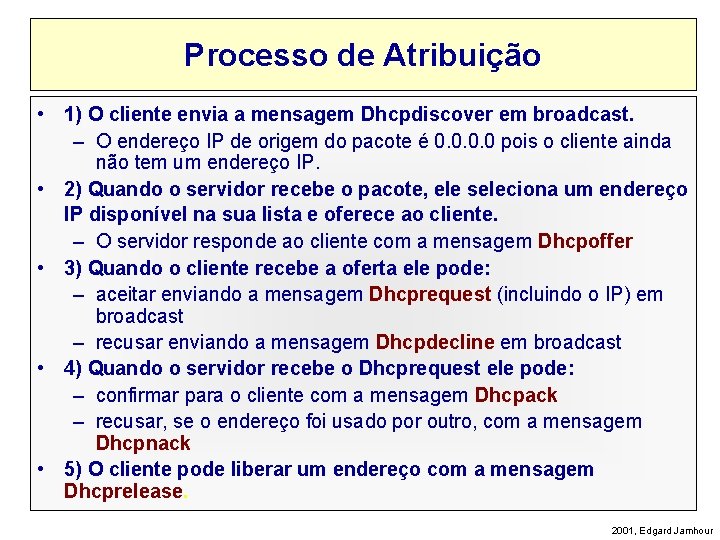 Processo de Atribuição • 1) O cliente envia a mensagem Dhcpdiscover em broadcast. –