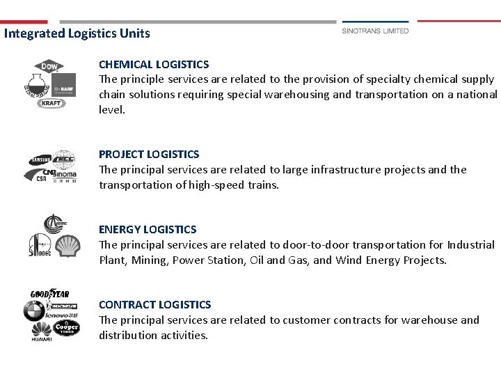 Integrated Logistics Units CHEMICAL LOGISTICS The principle services are related to the provision of