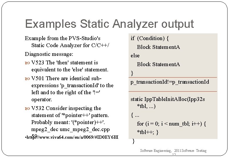 Examples Static Analyzer output Example from the PVS-Studio's Static Code Analyzer for C/C++/ Diagnostic