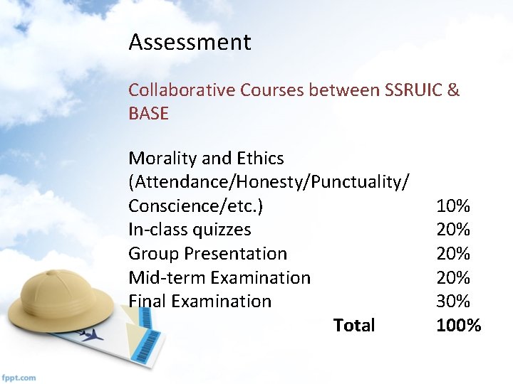 Assessment Collaborative Courses between SSRUIC & BASE Morality and Ethics (Attendance/Honesty/Punctuality/ Conscience/etc. ) In-class