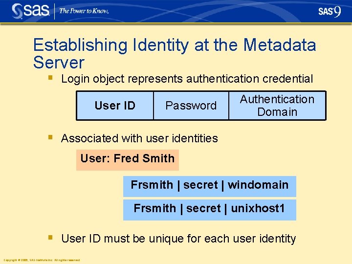 Establishing Identity at the Metadata Server § Login object represents authentication credential User ID Establishing Identity at the Metadata Server § Login object represents authentication credential User ID