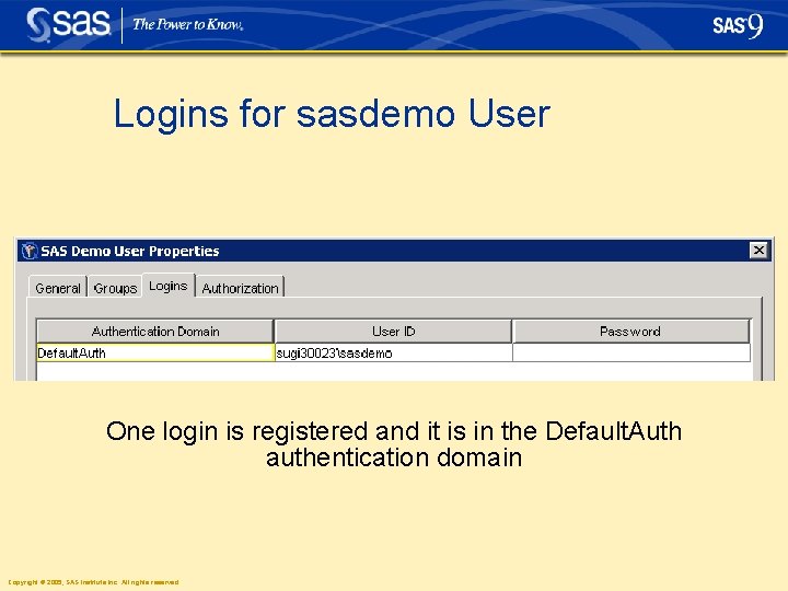 Logins for sasdemo User One login is registered and it is in the Default. Logins for sasdemo User One login is registered and it is in the Default.