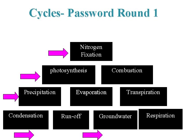 Cycles- Password Round 1 Nitrogen Fixation photosynthesis Precipitation Condensation Combustion Evaporation Run-off Transpiration Groundwater