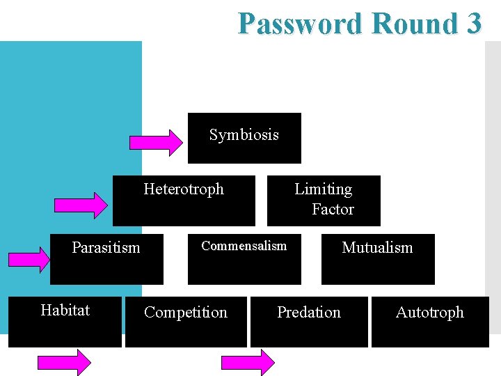 Password Round 3 Symbiosis Heterotroph Parasitism Habitat Limiting Factor Commensalism Competition Predation Mutualism Autotroph