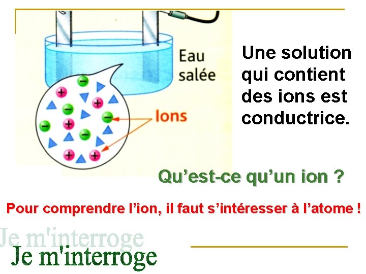 Une solution qui contient des ions est conductrice. Qu’est-ce qu’un ion ? Pour comprendre