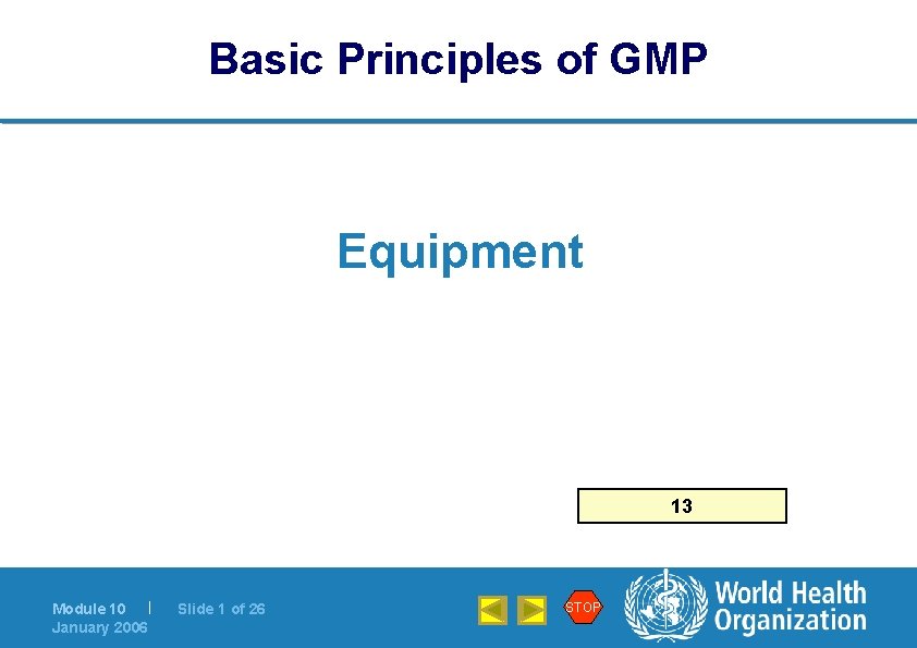 Basic Principles of GMP Equipment 13 Module 10 | January 2006 Slide 1 of