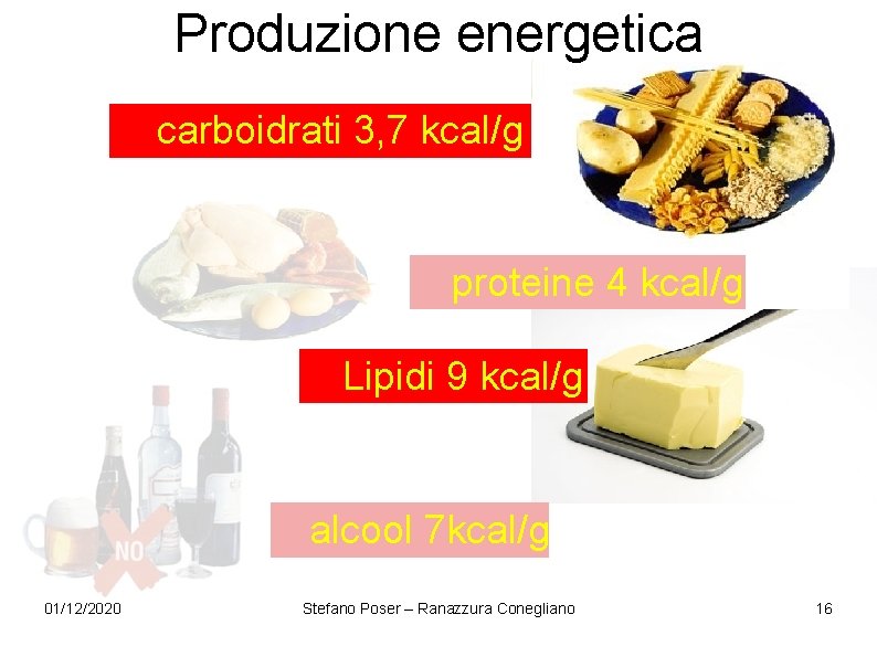 Produzione energetica carboidrati 3, 7 kcal/g proteine 4 kcal/g Lipidi 9 kcal/g alcool 7 Produzione energetica carboidrati 3, 7 kcal/g proteine 4 kcal/g Lipidi 9 kcal/g alcool 7