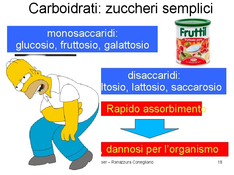 Carboidrati: zuccheri semplici monosaccaridi: glucosio, fruttosio, galattosio disaccaridi: maltosio, lattosio, saccarosio Rapido assorbimento Acidi Carboidrati: zuccheri semplici monosaccaridi: glucosio, fruttosio, galattosio disaccaridi: maltosio, lattosio, saccarosio Rapido assorbimento Acidi
