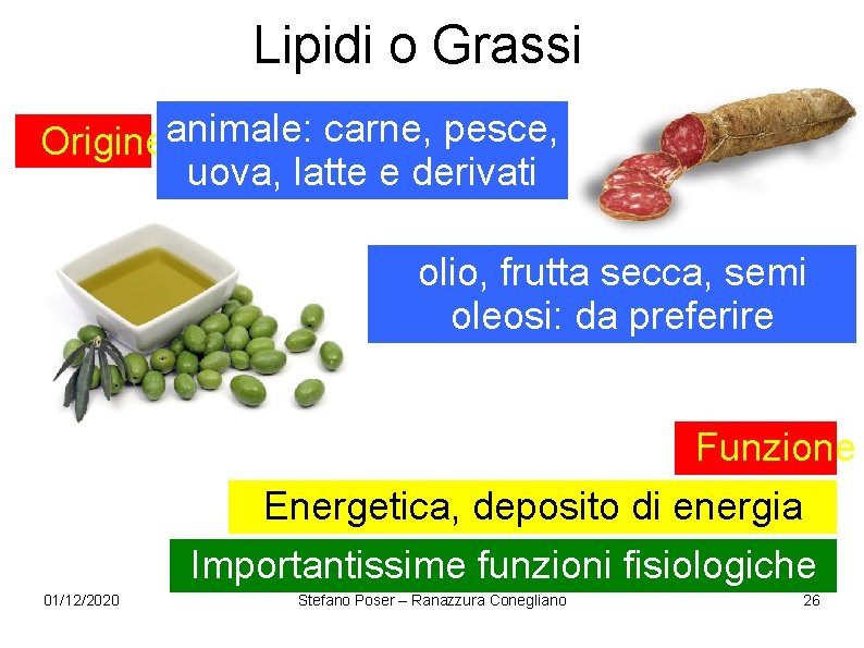 Lipidi o Grassi Origineanimale: carne, pesce, uova, latte e derivati olio, frutta secca, semi Lipidi o Grassi Origineanimale: carne, pesce, uova, latte e derivati olio, frutta secca, semi
