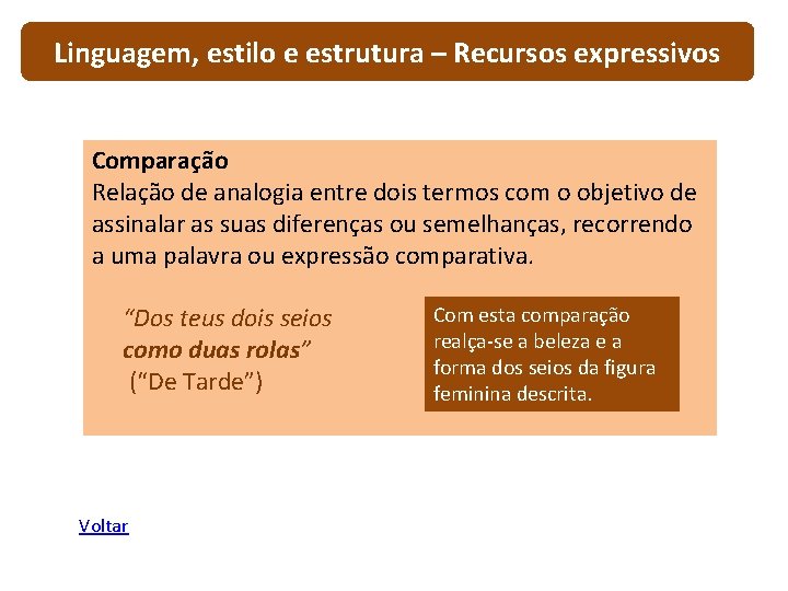 Linguagem, estilo e estrutura – Recursos expressivos Comparação Relação de analogia entre dois termos