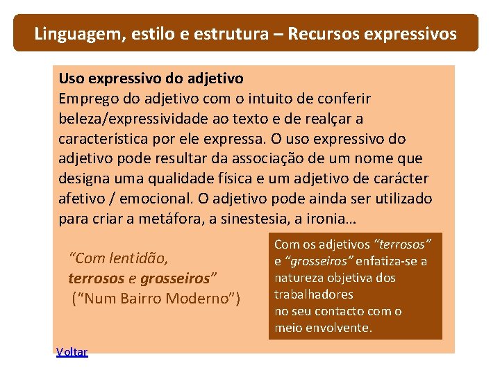 Linguagem, estilo e estrutura – Recursos expressivos Uso expressivo do adjetivo Emprego do adjetivo