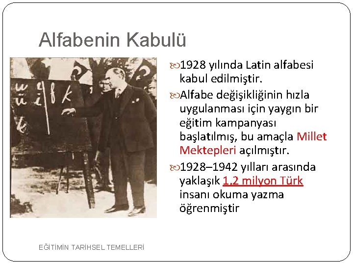Alfabenin Kabulü 1928 yılında Latin alfabesi kabul edilmiştir. Alfabe değişikliğinin hızla uygulanması için yaygın