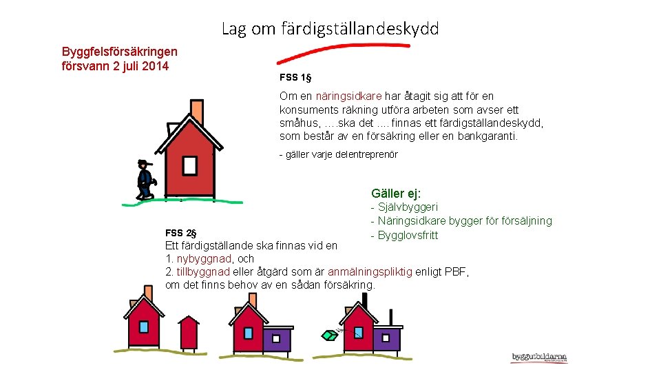 Lag om färdigställandeskydd Byggfelsförsäkringen försvann 2 juli 2014 FSS 1§ Om en näringsidkare har