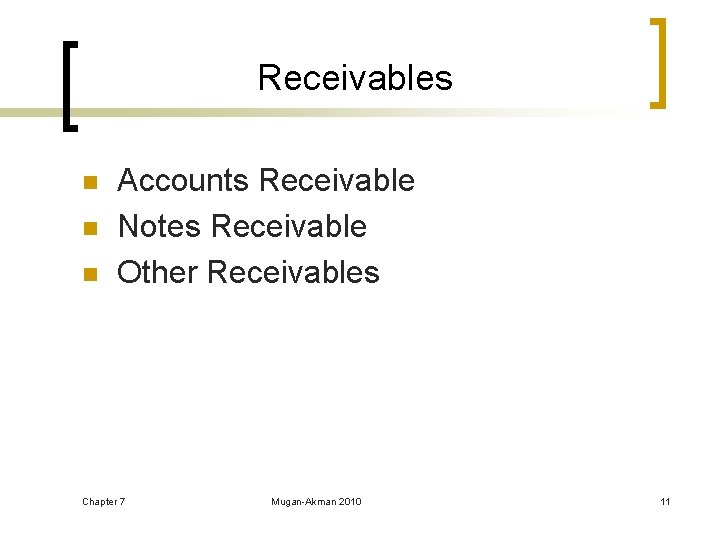Receivables n n n Accounts Receivable Notes Receivable Other Receivables Chapter 7 Mugan-Akman 2010