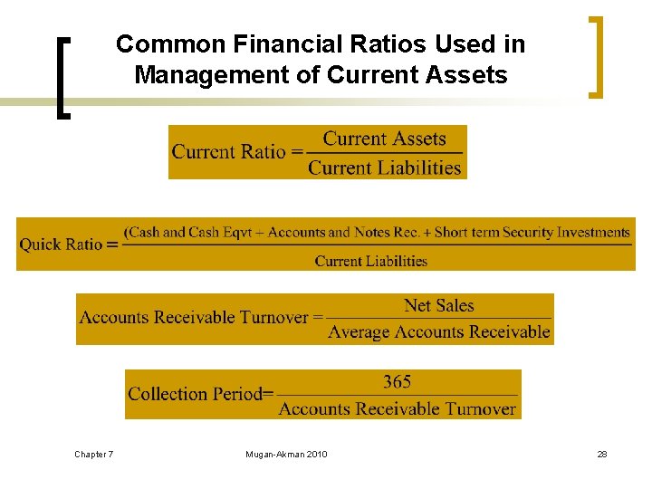 Common Financial Ratios Used in Management of Current Assets Chapter 7 Mugan-Akman 2010 28