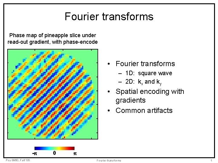 Fourier transforms Phase map of pineapple slice under read-out gradient, with phase-encode • Fourier Fourier transforms Phase map of pineapple slice under read-out gradient, with phase-encode • Fourier