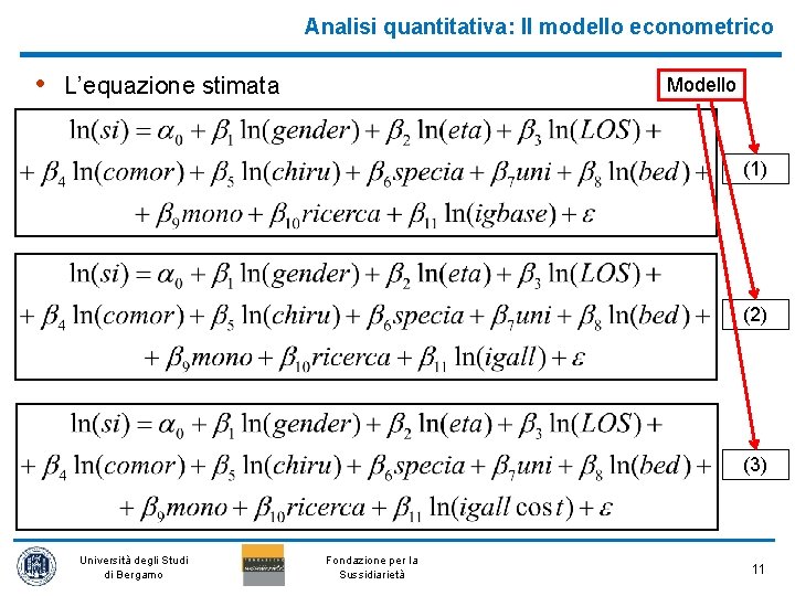 Analisi quantitativa: Il modello econometrico • L’equazione stimata Modello (1) (2) (3) Università degli