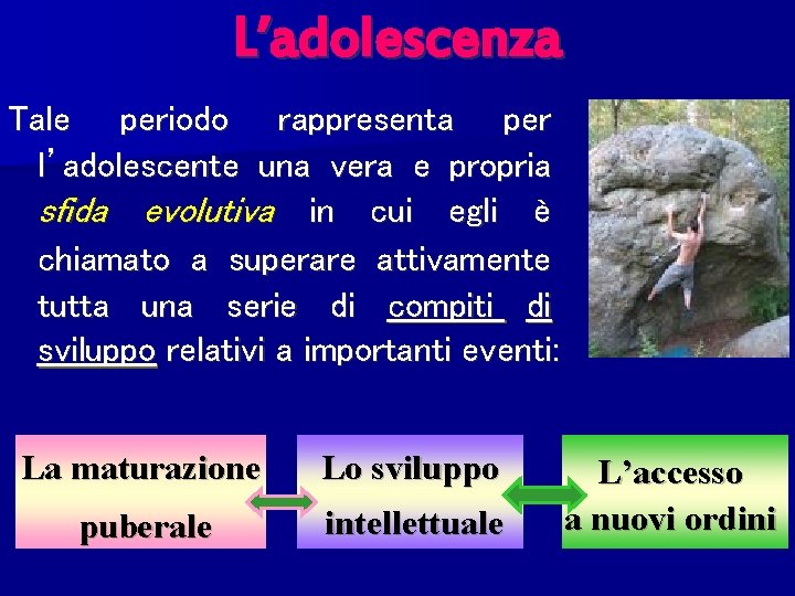 L’adolescenza Tale periodo rappresenta per l’adolescente una vera e propria sfida evolutiva in cui