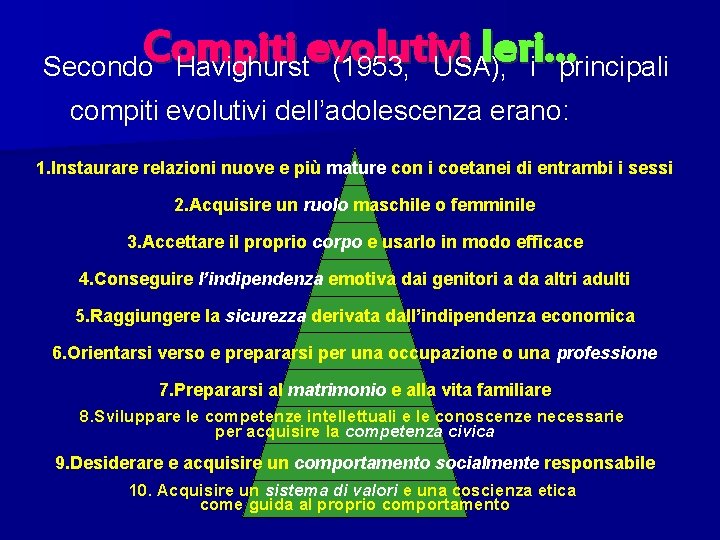 Compiti evolutivi Ieri… Secondo Havighurst (1953, USA), i principali compiti evolutivi dell’adolescenza erano: 1.